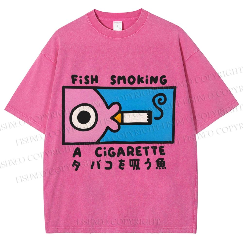Unisex Japanese Fish Smoking A Cigarette Printed Washed Tee
