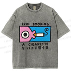 Unisex Japanese Fish Smoking A Cigarette Printed Washed Tee