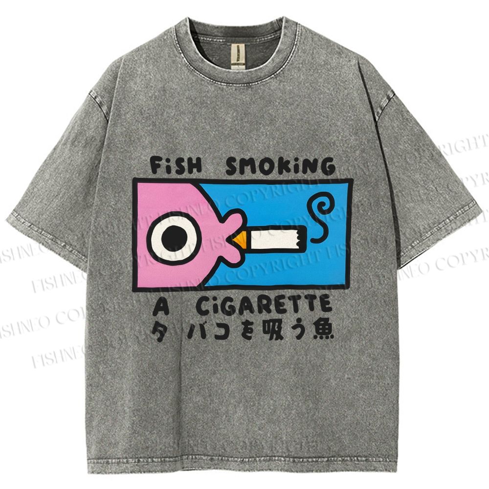 Unisex Japanese Fish Smoking A Cigarette Printed Washed Tee