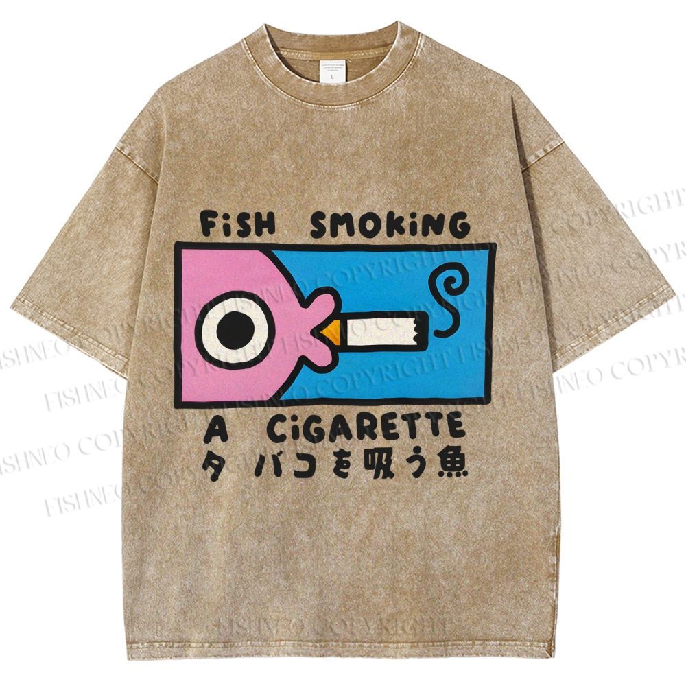 Unisex Japanese Fish Smoking A Cigarette Printed Washed Tee