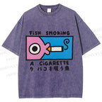 Unisex Japanese Fish Smoking A Cigarette Printed Washed Tee