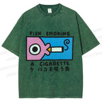 Unisex Japanese Fish Smoking A Cigarette Printed Washed Tee