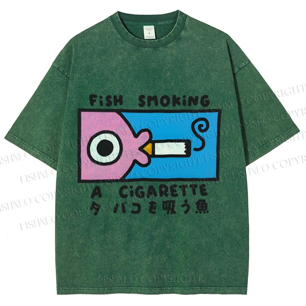 Unisex Japanese Fish Smoking A Cigarette Printed Washed Tee