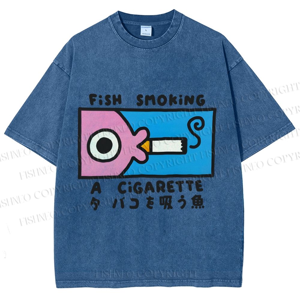 Unisex Japanese Fish Smoking A Cigarette Printed Washed Tee