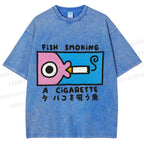 Unisex Japanese Fish Smoking A Cigarette Printed Washed Tee