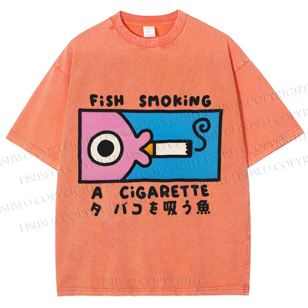 Unisex Japanese Fish Smoking A Cigarette Printed Washed Tee