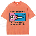 Unisex Japanese Fish Smoking A Cigarette Printed Washed Tee