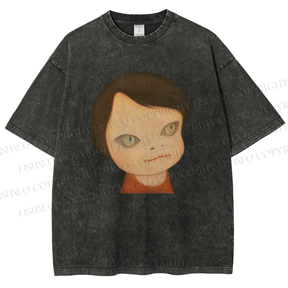 Unisex Japanese Art Yoshitomo Nara Cat Girl Printed Washed Tee
