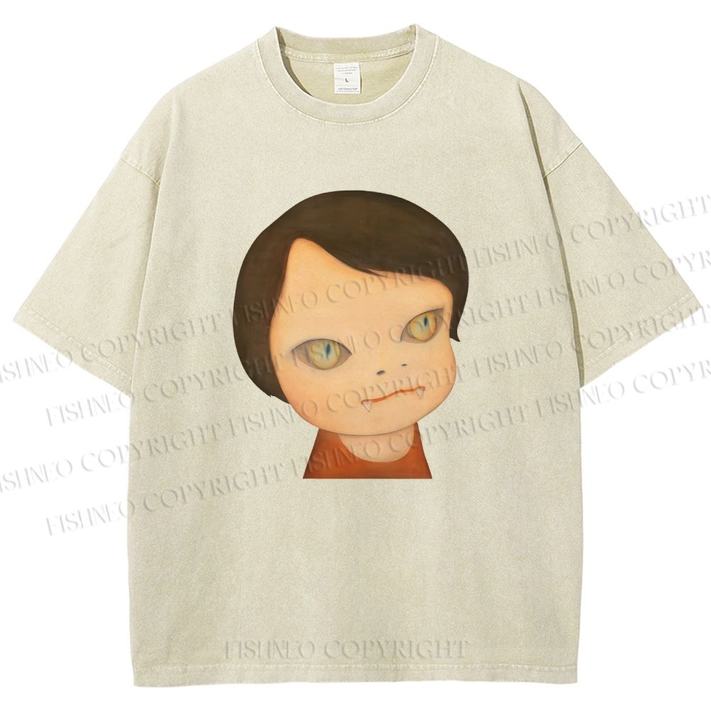 Unisex Japanese Art Yoshitomo Nara Cat Girl Printed Washed Tee