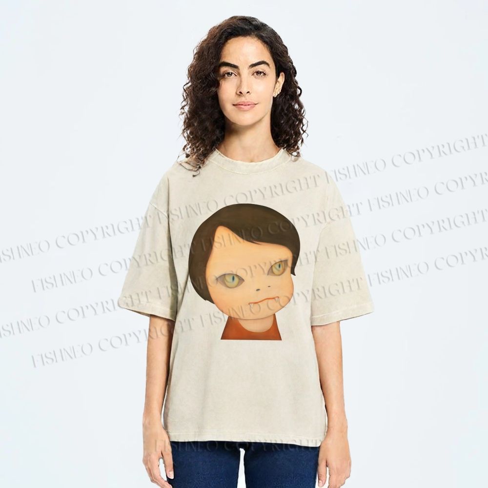 Unisex Japanese Art Yoshitomo Nara Cat Girl Printed Washed Tee