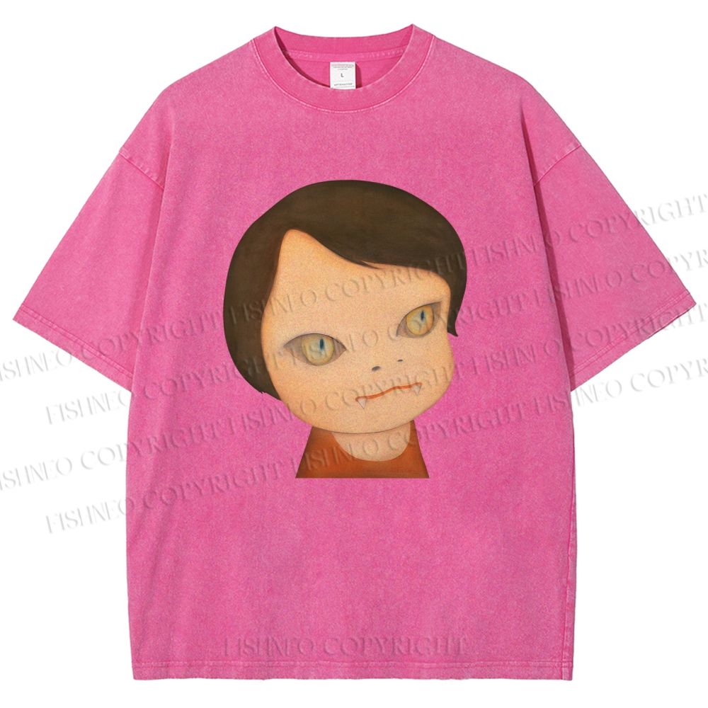 Unisex Japanese Art Yoshitomo Nara Cat Girl Printed Washed Tee