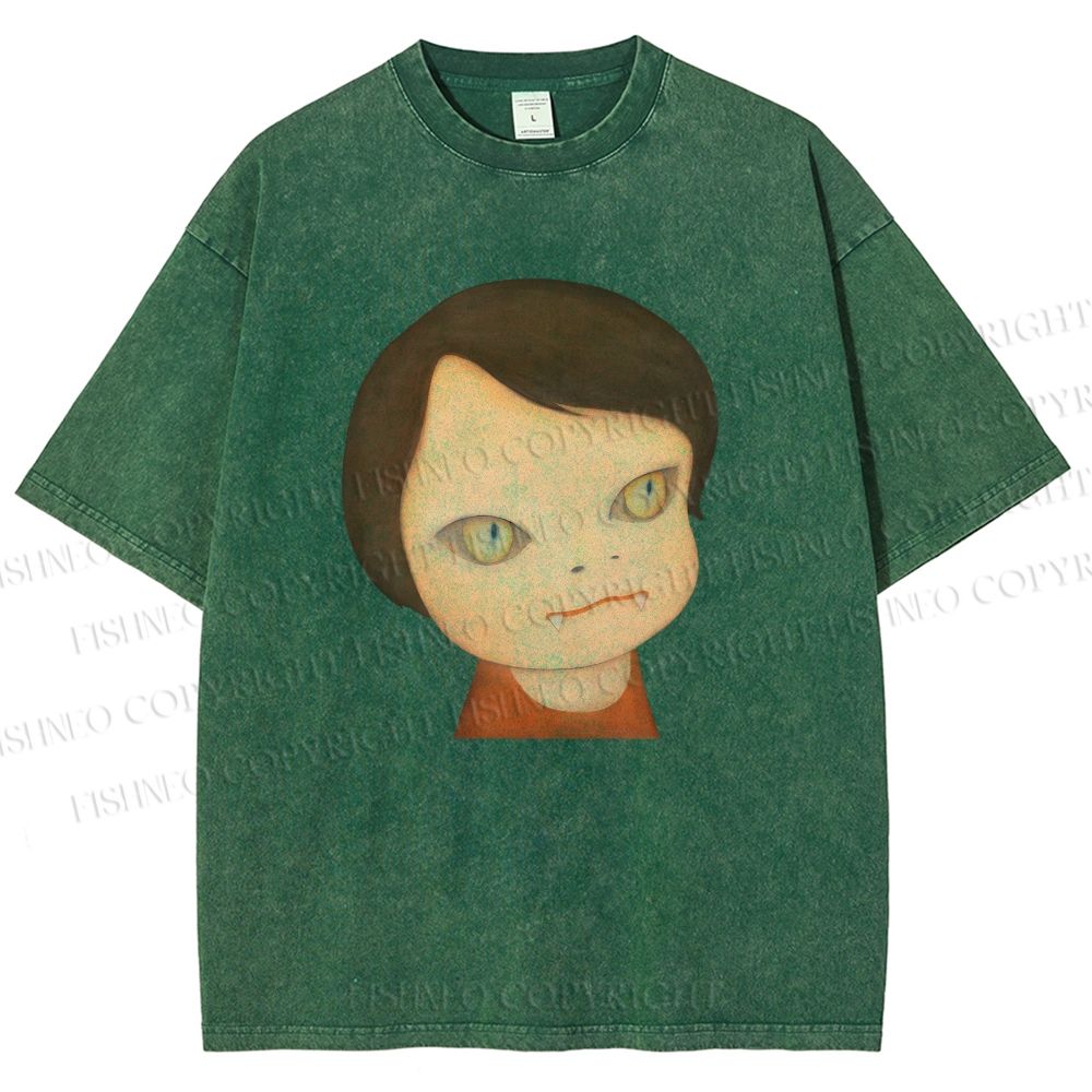 Unisex Japanese Art Yoshitomo Nara Cat Girl Printed Washed Tee
