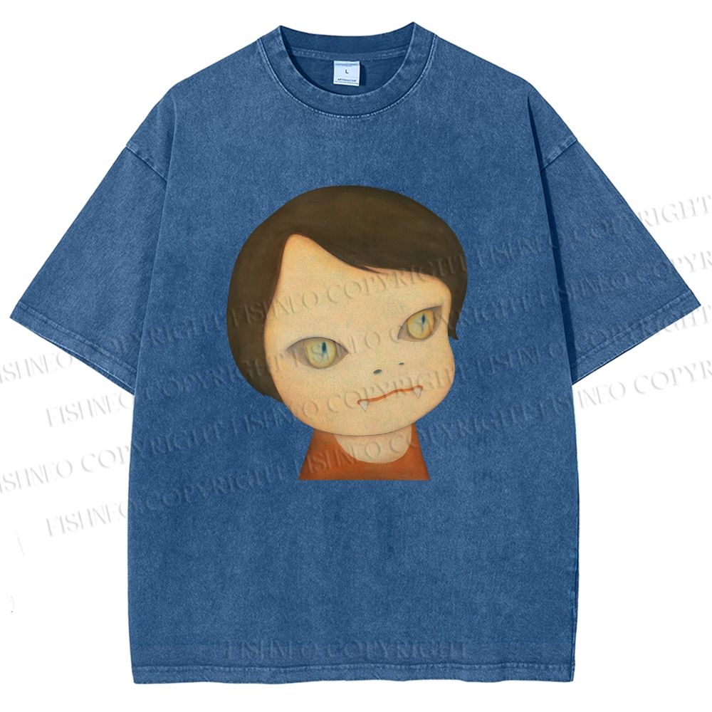 Unisex Japanese Art Yoshitomo Nara Cat Girl Printed Washed Tee
