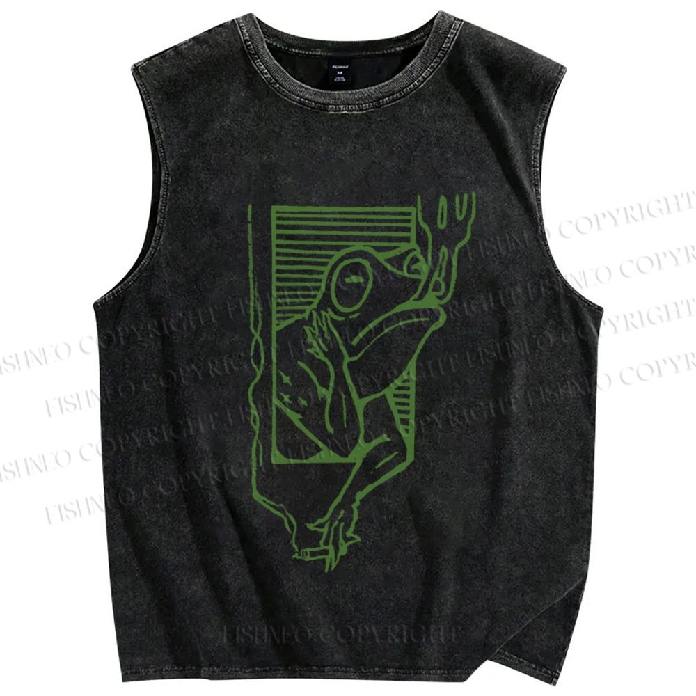 Unisex Vintage Smog Frog Smoking Printed Washed Tank Top