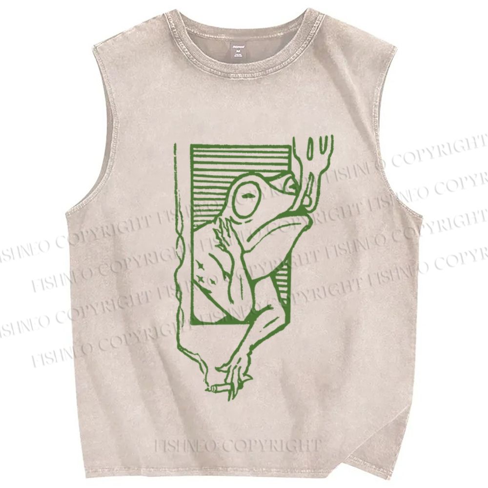 Unisex Vintage Smog Frog Smoking Printed Washed Tank Top
