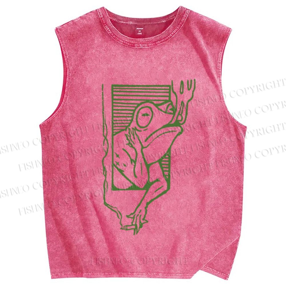 Unisex Vintage Smog Frog Smoking Printed Washed Tank Top