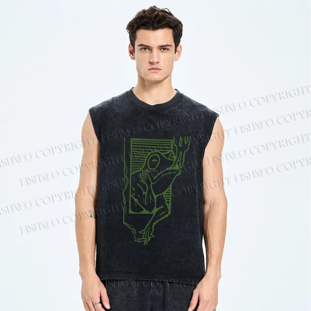 Unisex Vintage Smog Frog Smoking Printed Washed Tank Top