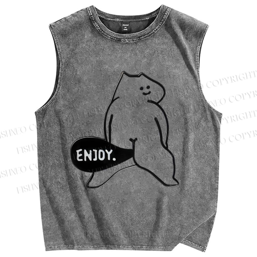 Unisex Cute Farting Cat Printed Washed Tank Top