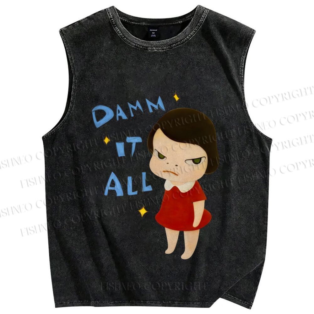 Unisex Japanese Art Yoshitomo Nara Damn It All Printed Washed Tank Top
