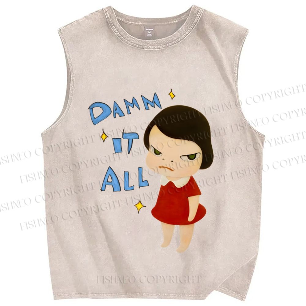 Unisex Japanese Art Yoshitomo Nara Damn It All Printed Washed Tank Top