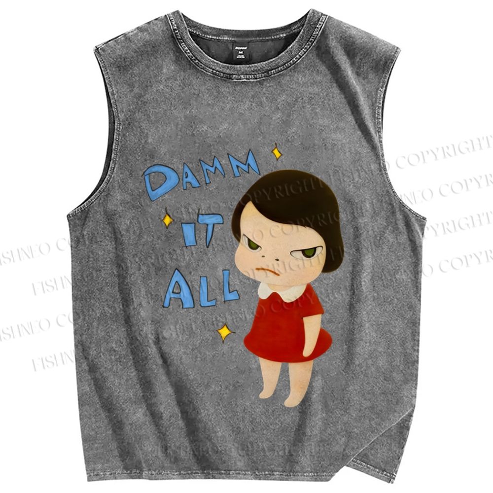Unisex Japanese Art Yoshitomo Nara Damn It All Printed Washed Tank Top