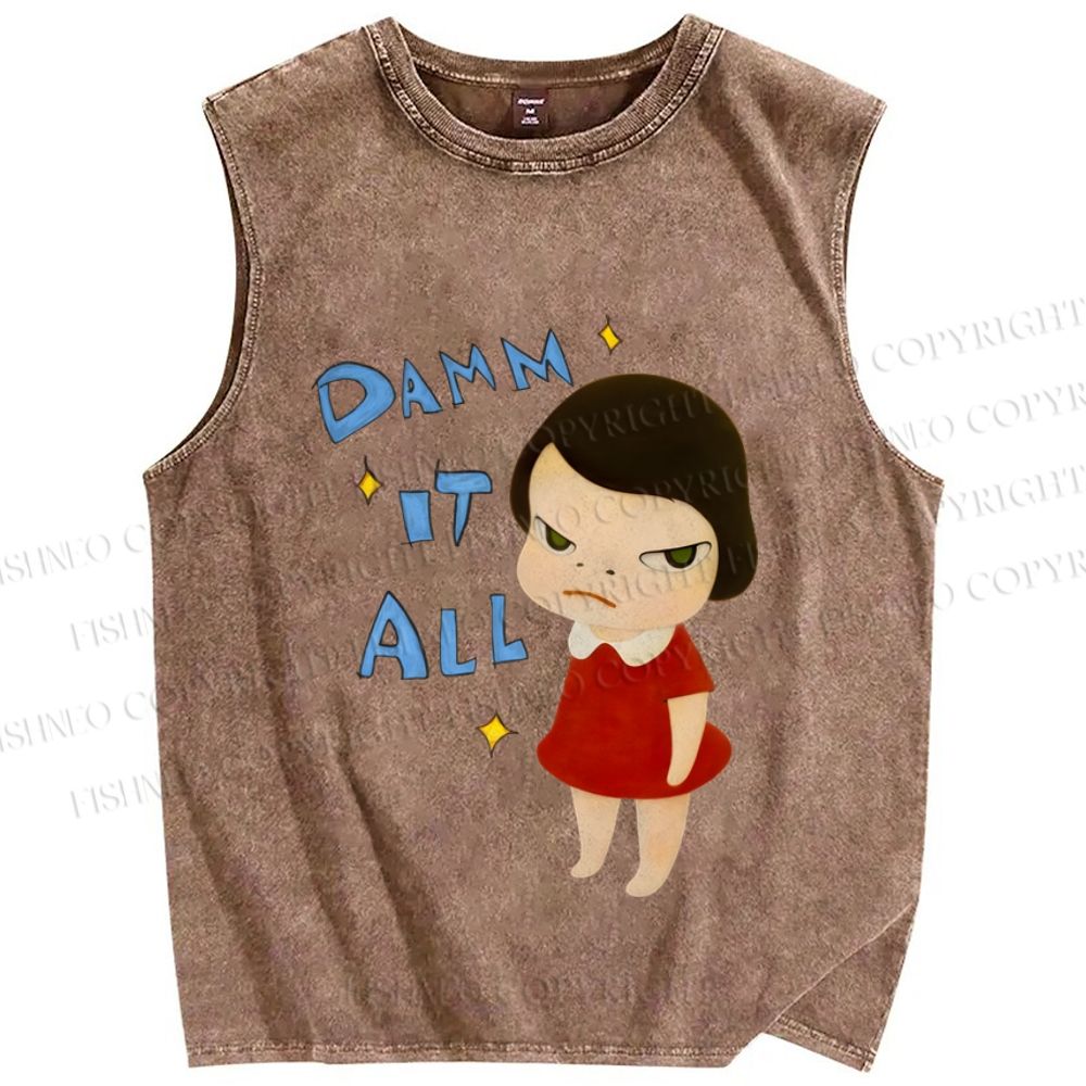 Unisex Japanese Art Yoshitomo Nara Damn It All Printed Washed Tank Top