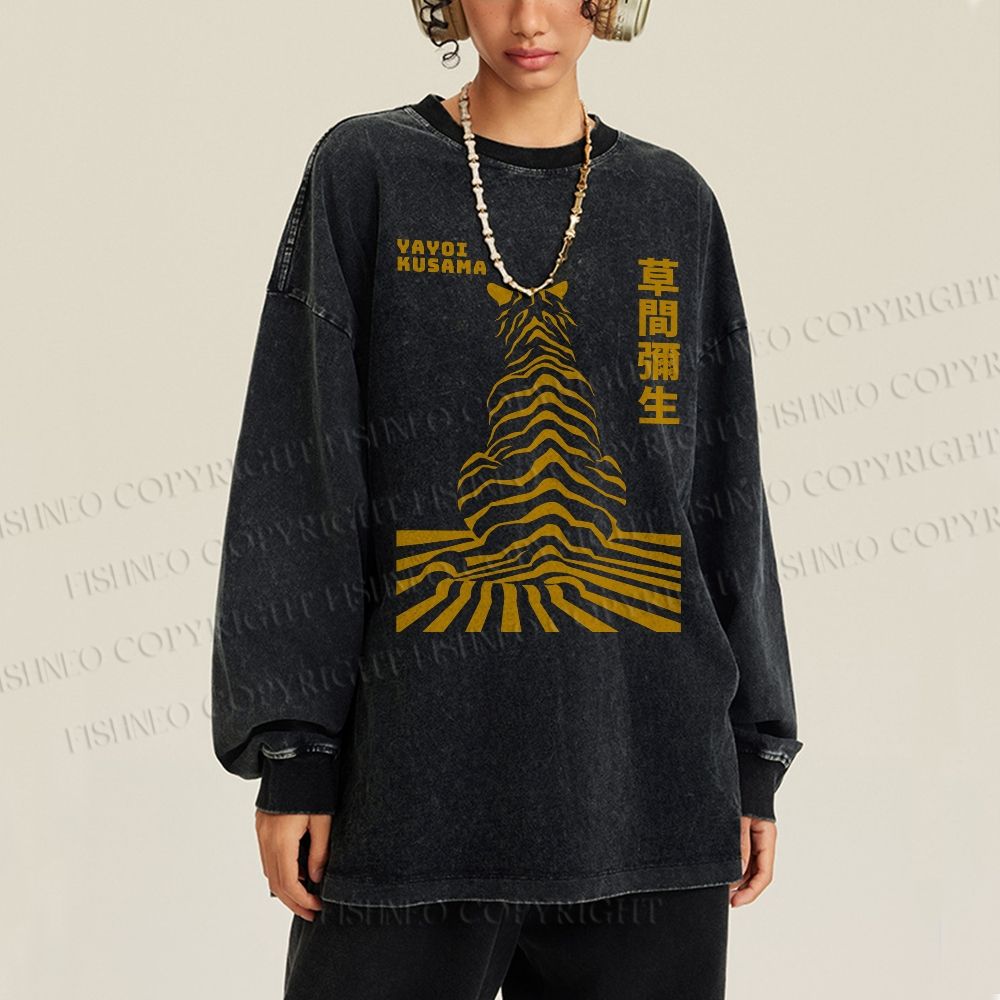 Unisex Casual Washed Japanese Yayoi Kusama Panther Printed Long Sleeve T-shirt