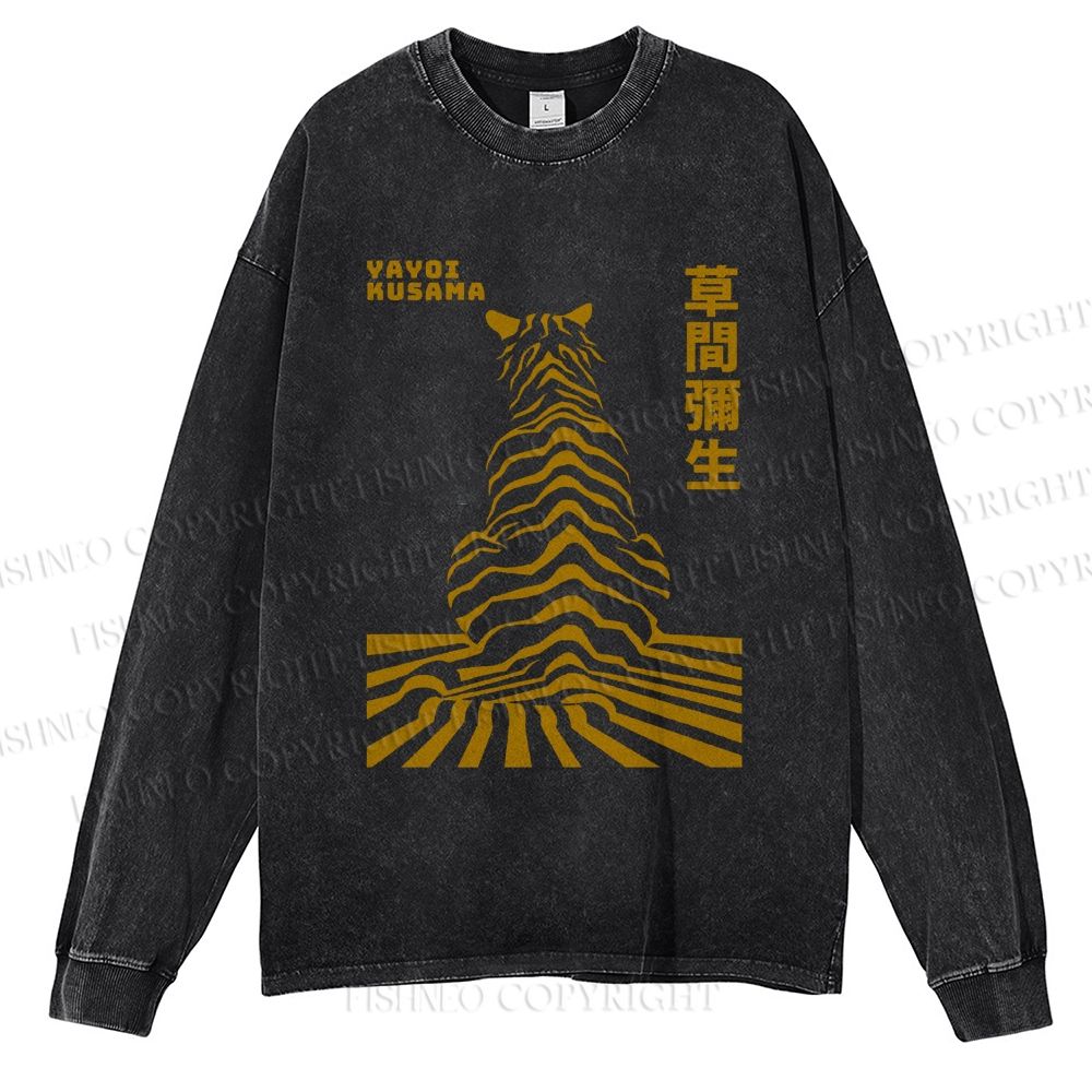 Unisex Casual Washed Japanese Yayoi Kusama Panther Printed Long Sleeve T-shirt