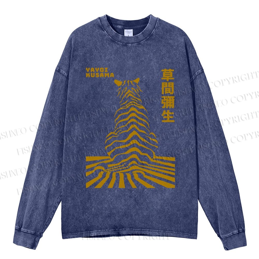 Unisex Casual Washed Japanese Yayoi Kusama Panther Printed Long Sleeve T-shirt