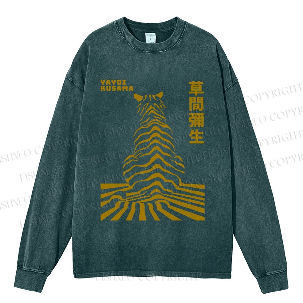 Unisex Casual Washed Japanese Yayoi Kusama Panther Printed Long Sleeve T-shirt