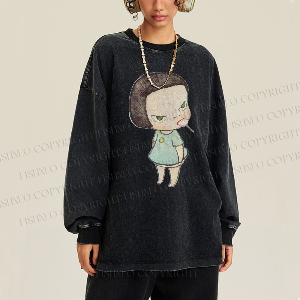 Unisex Casual Washed Yoshitomo Nara lollipop Printed Long Sleeve T-shirt