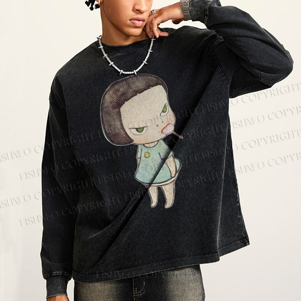 Unisex Casual Washed Yoshitomo Nara lollipop Printed Long Sleeve T-shirt