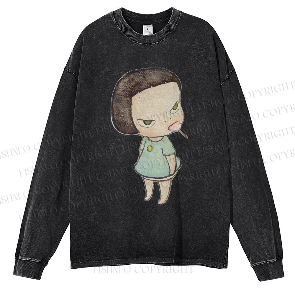 Unisex Casual Washed Yoshitomo Nara lollipop Printed Long Sleeve T-shirt