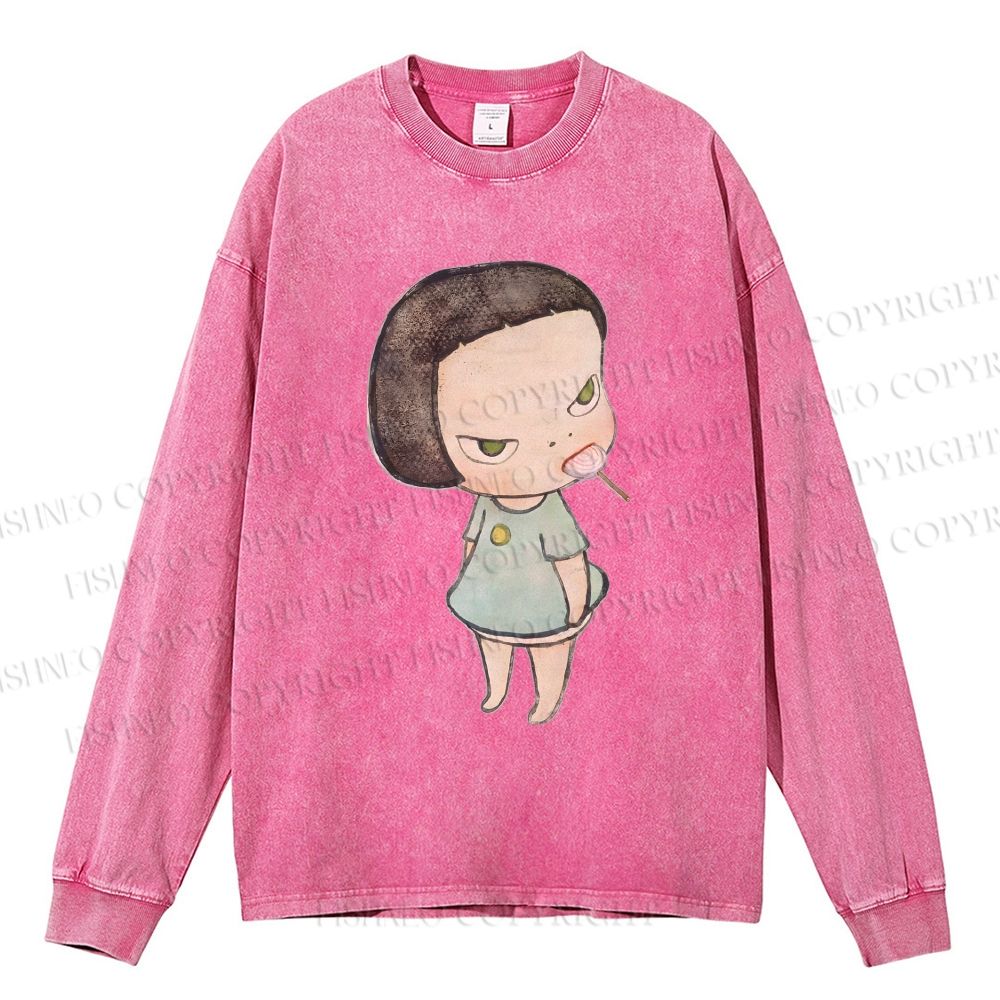 Unisex Casual Washed Yoshitomo Nara lollipop Printed Long Sleeve T-shirt