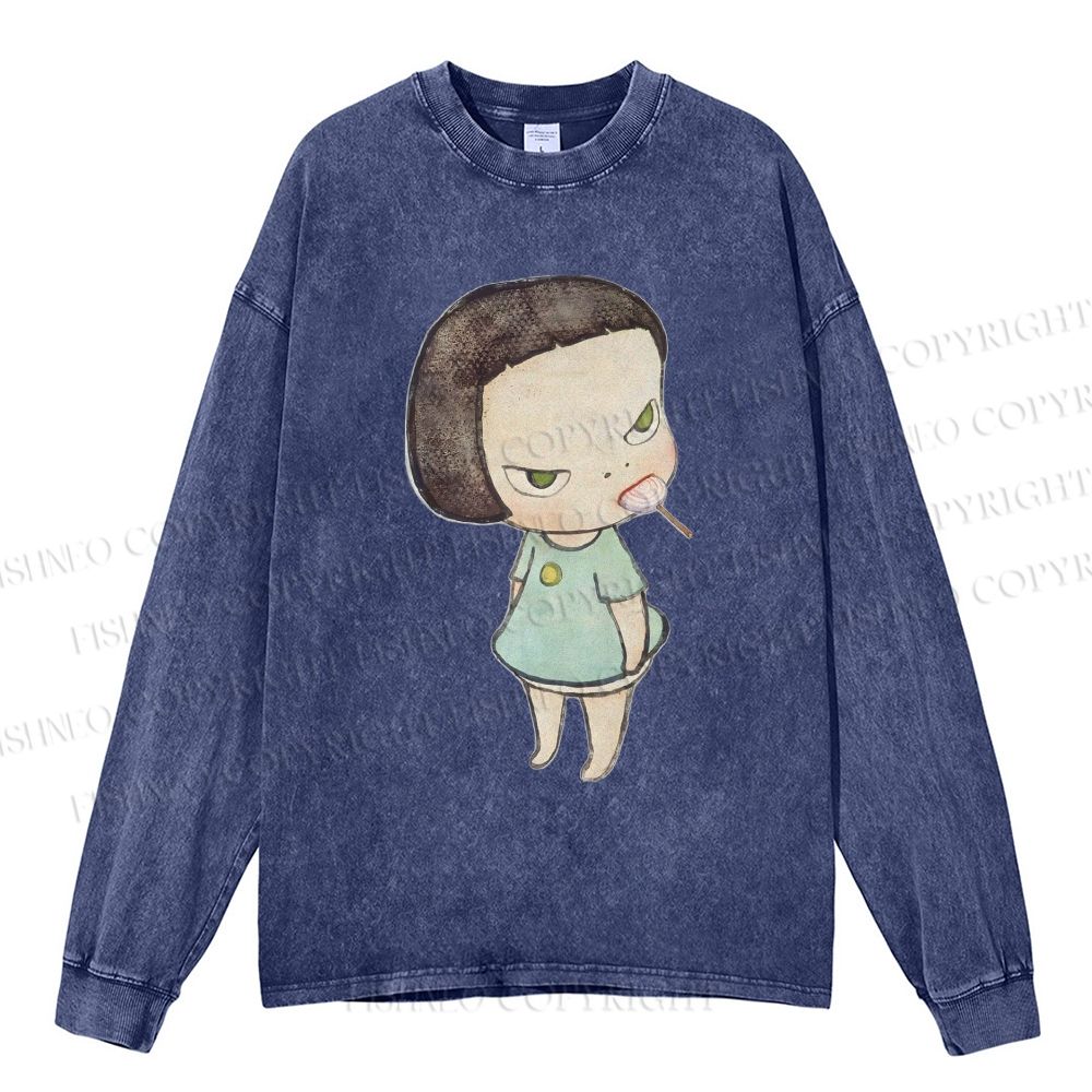 Unisex Casual Washed Yoshitomo Nara lollipop Printed Long Sleeve T-shirt