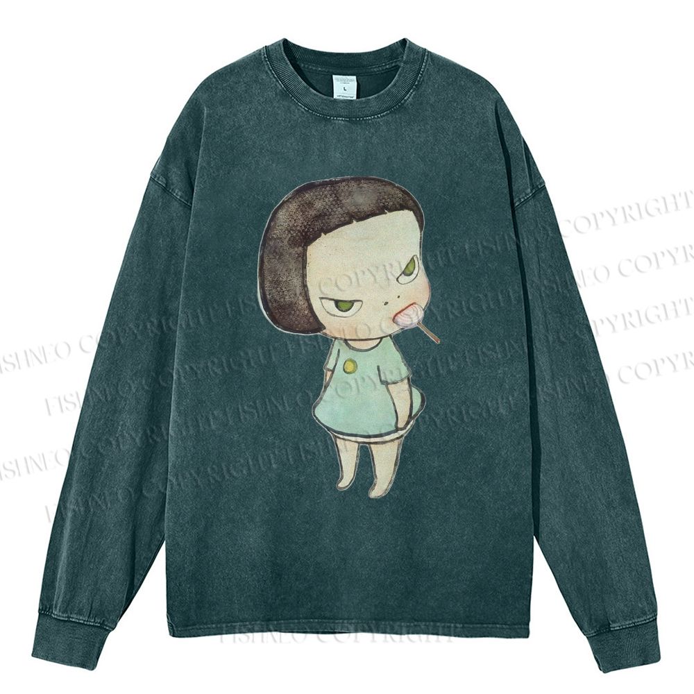 Unisex Casual Washed Yoshitomo Nara lollipop Printed Long Sleeve T-shirt