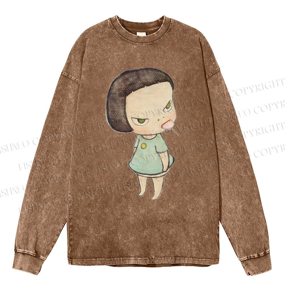 Unisex Casual Washed Yoshitomo Nara lollipop Printed Long Sleeve T-shirt