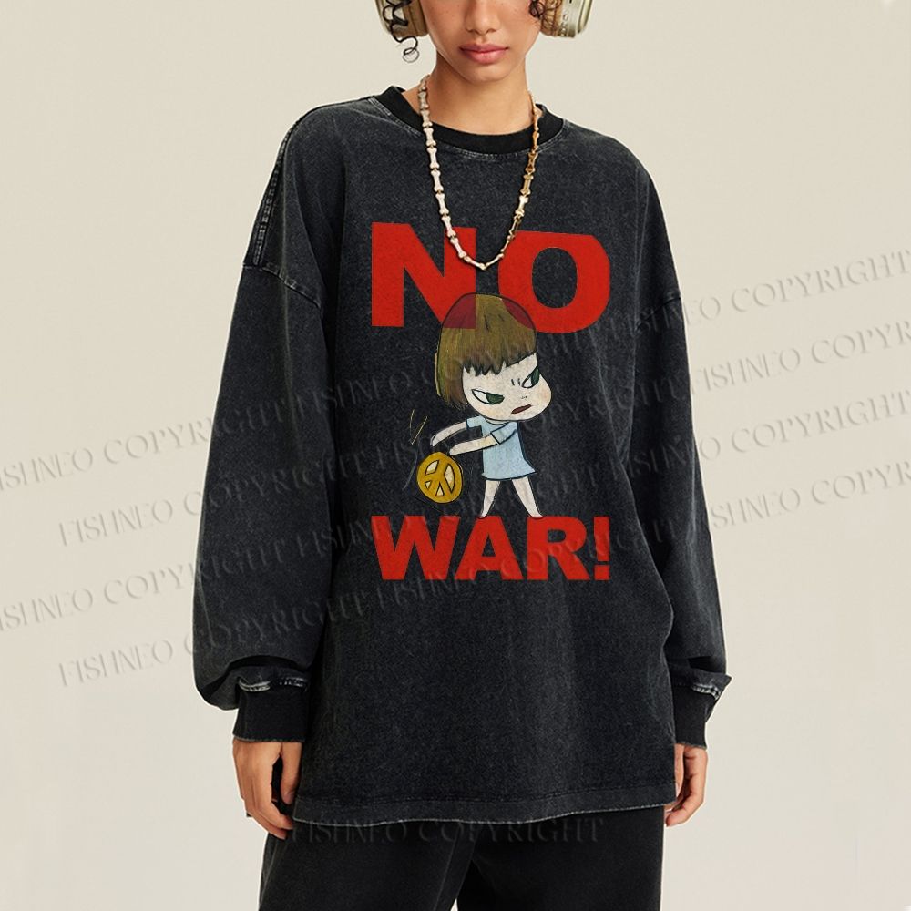 Unisex Casual Washed Yoshitomo Nara No War Printed Long Sleeve T-shirt