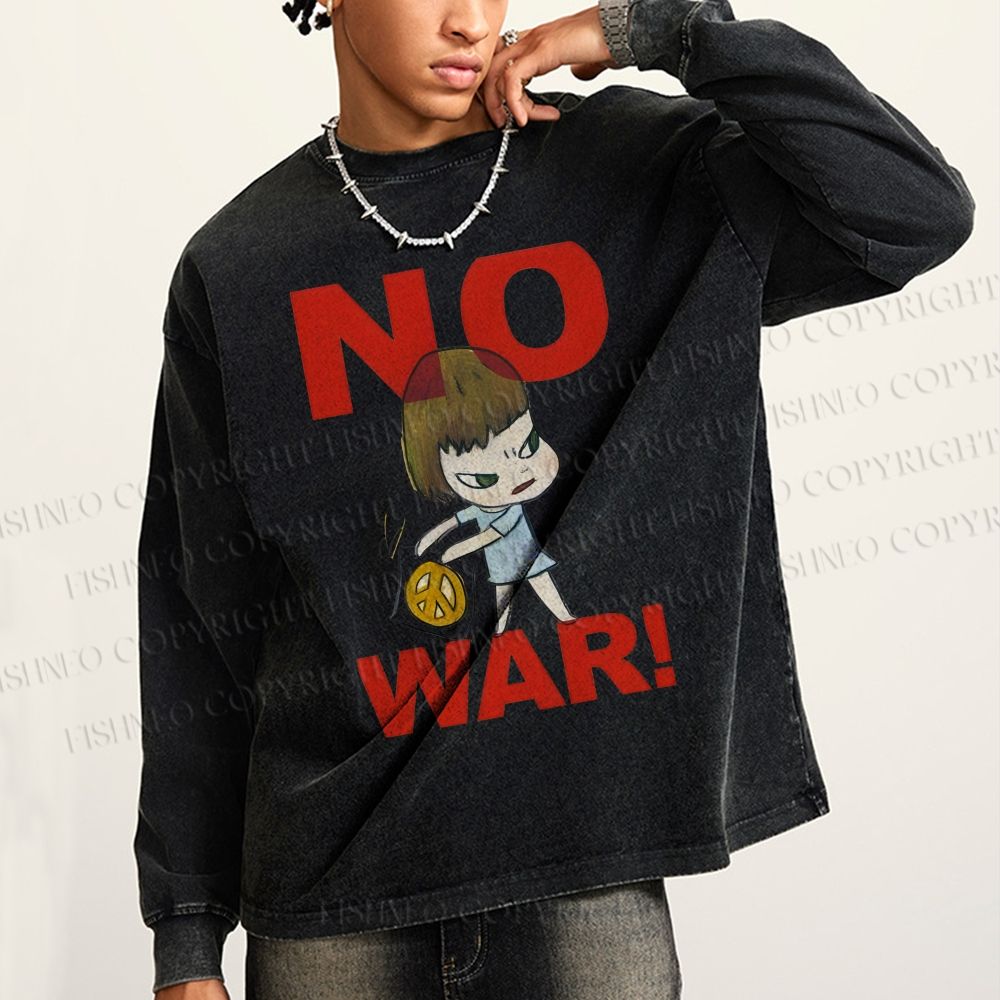 Unisex Casual Washed Yoshitomo Nara No War Printed Long Sleeve T-shirt