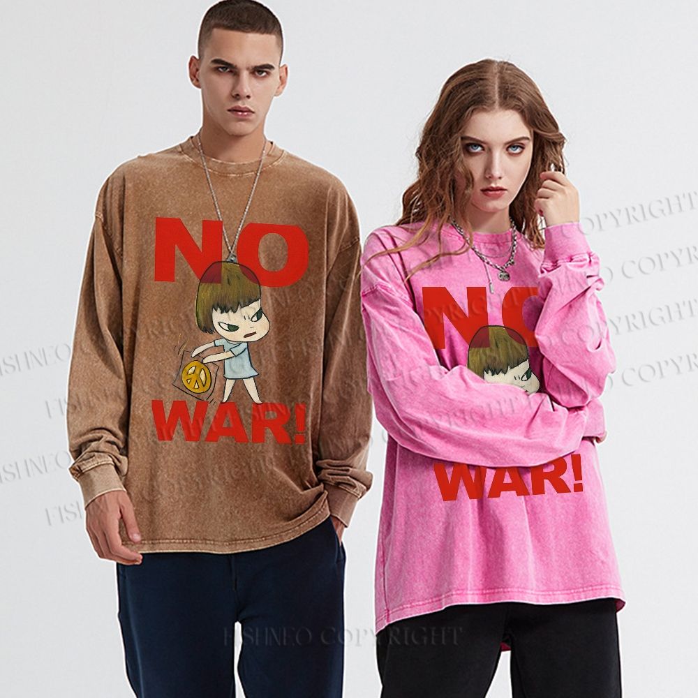 Unisex Casual Washed Yoshitomo Nara No War Printed Long Sleeve T-shirt