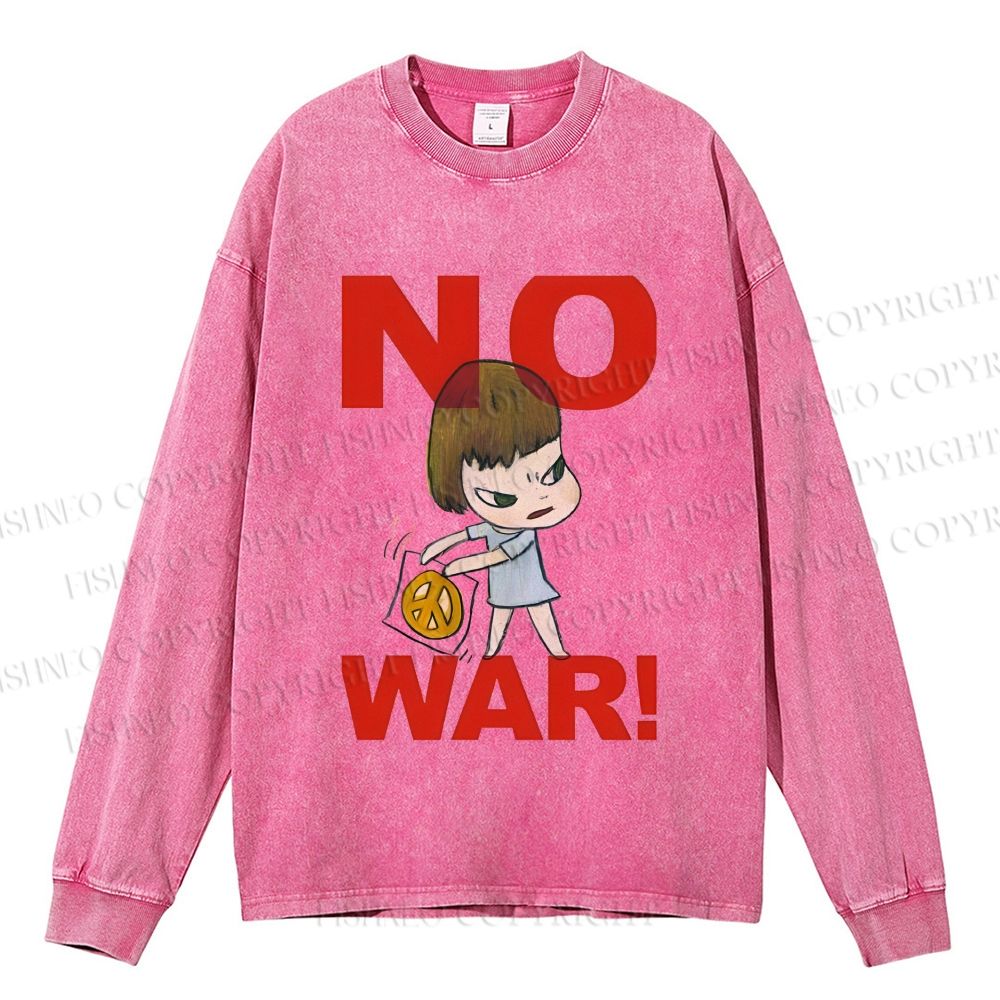 Unisex Casual Washed Yoshitomo Nara No War Printed Long Sleeve T-shirt