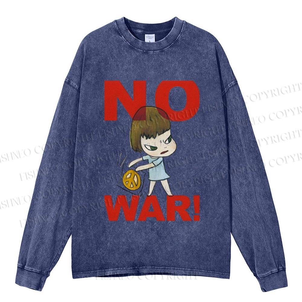 Unisex Casual Washed Yoshitomo Nara No War Printed Long Sleeve T-shirt