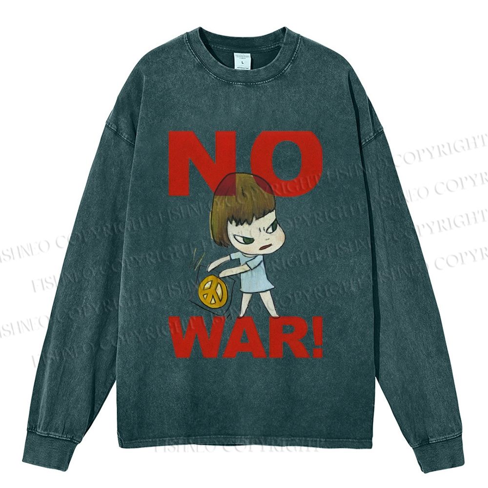 Unisex Casual Washed Yoshitomo Nara No War Printed Long Sleeve T-shirt