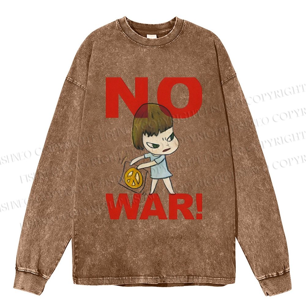 Unisex Casual Washed Yoshitomo Nara No War Printed Long Sleeve T-shirt