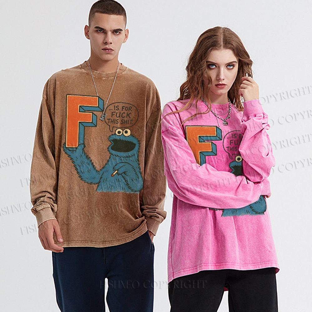 Unisex Casual Washed F Is For Fuck Printed Long Sleeve T-shirt
