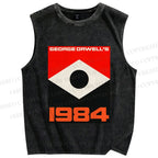 Unisex Artistic Geometric Eyes Printed Washed Tank Top
