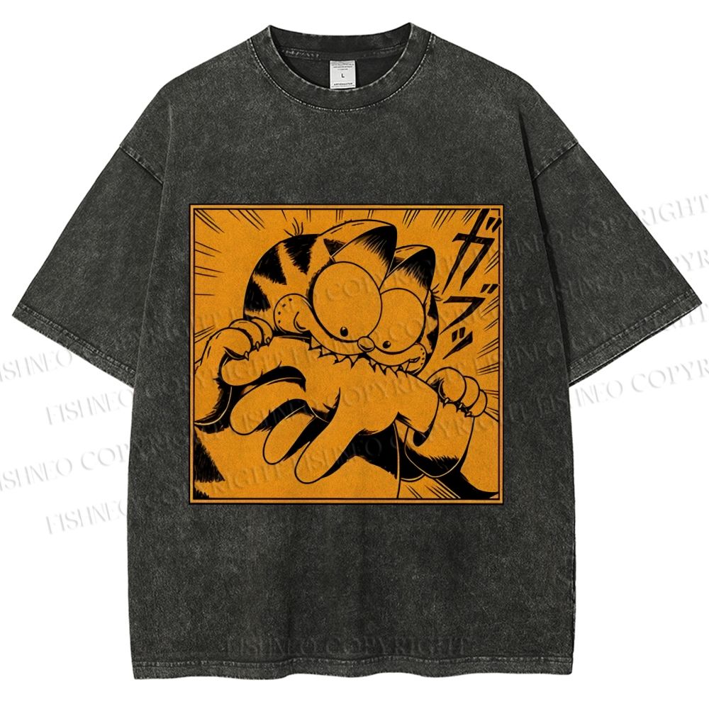 Unisex Garfield Cat Japanese Comic Printed Washed Tee
