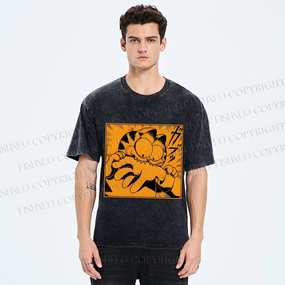 Unisex Garfield Cat Japanese Comic Printed Washed Tee