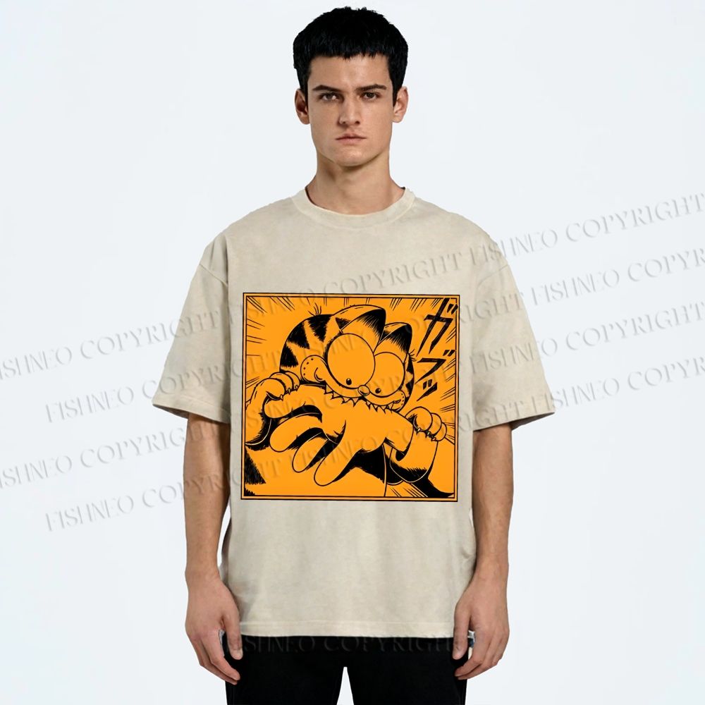 Unisex Garfield Cat Japanese Comic Printed Washed Tee