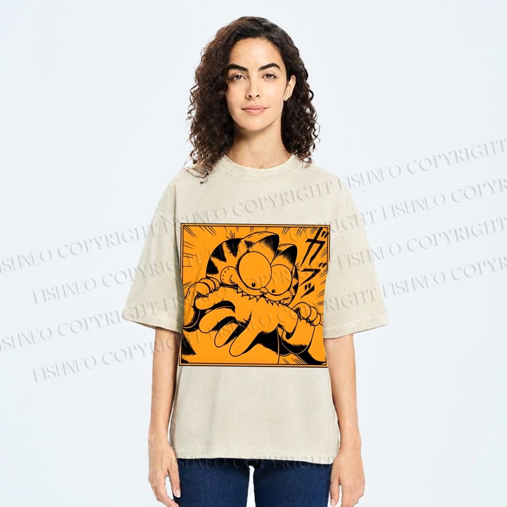 Unisex Garfield Cat Japanese Comic Printed Washed Tee